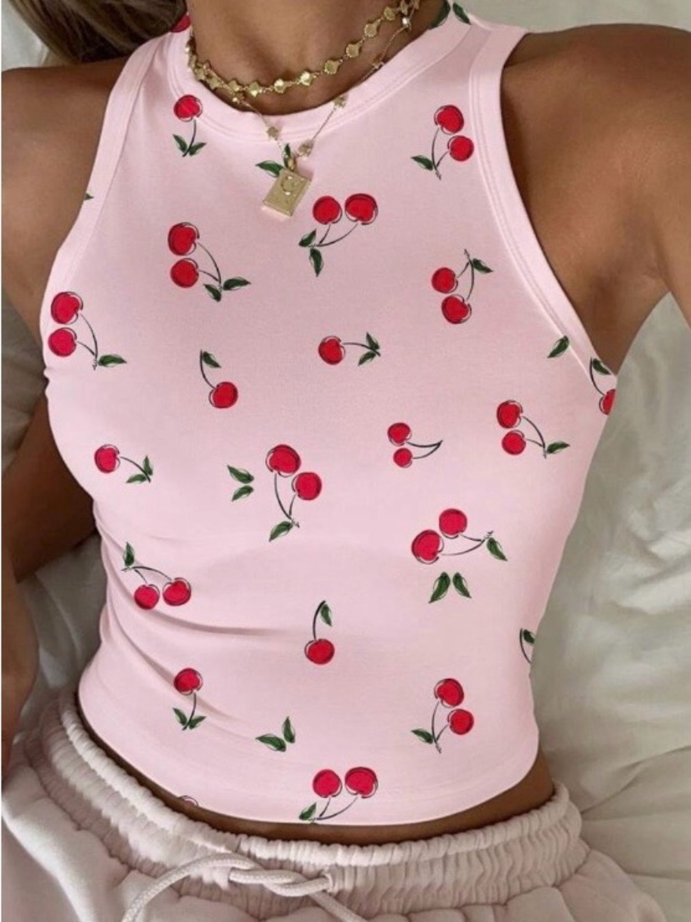 Sleeveless Cherry-Print Pink Tank Top for Women